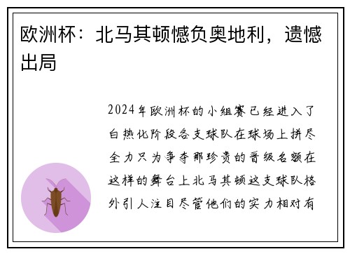欧洲杯：北马其顿憾负奥地利，遗憾出局